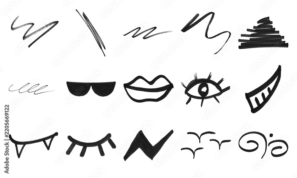 Fototapeta premium Black marker doodle symbols and sketchy design elements PNG isolated on transparent background