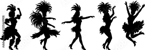 Carnival samba dancers silhouettes in feathered costumes performing dance on isolated white background