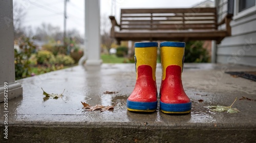 A pair of colorful rubber rain boots stands centered on a wet concrete porch with a wooden swing bench in the background during a rainy autumn day.