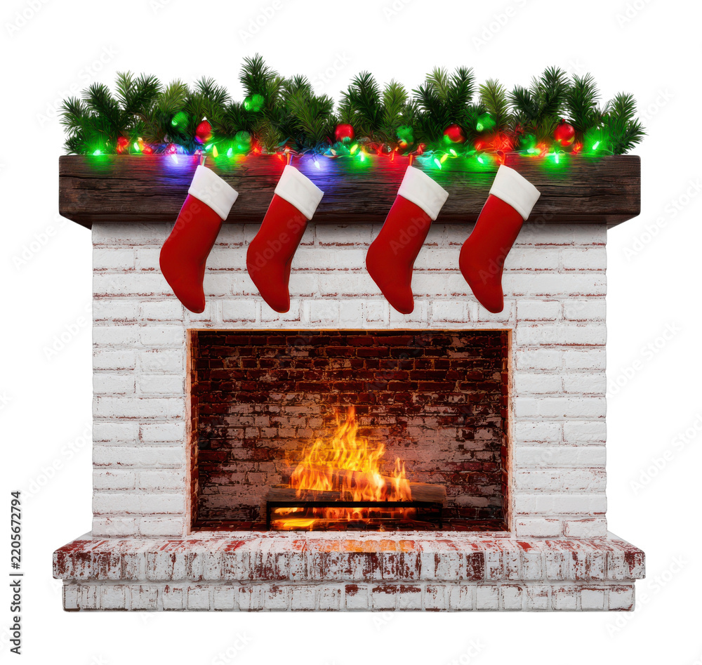 Fototapeta premium PNG Festive Christmas fireplace with stockings, garland, lights, fire