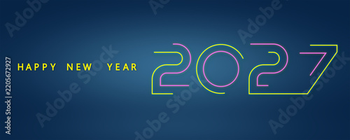 Minimalist dark blue holiday banner displaying colorful linear outline 2027 numbers alongside elegant gold greeting typography vector template.