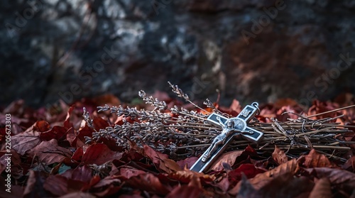 Silver crucifix rests upon a bed of vibrant crimson autumn leaves and dried twigs in a somber composition with deep shadows and moody woodland atmosphere.