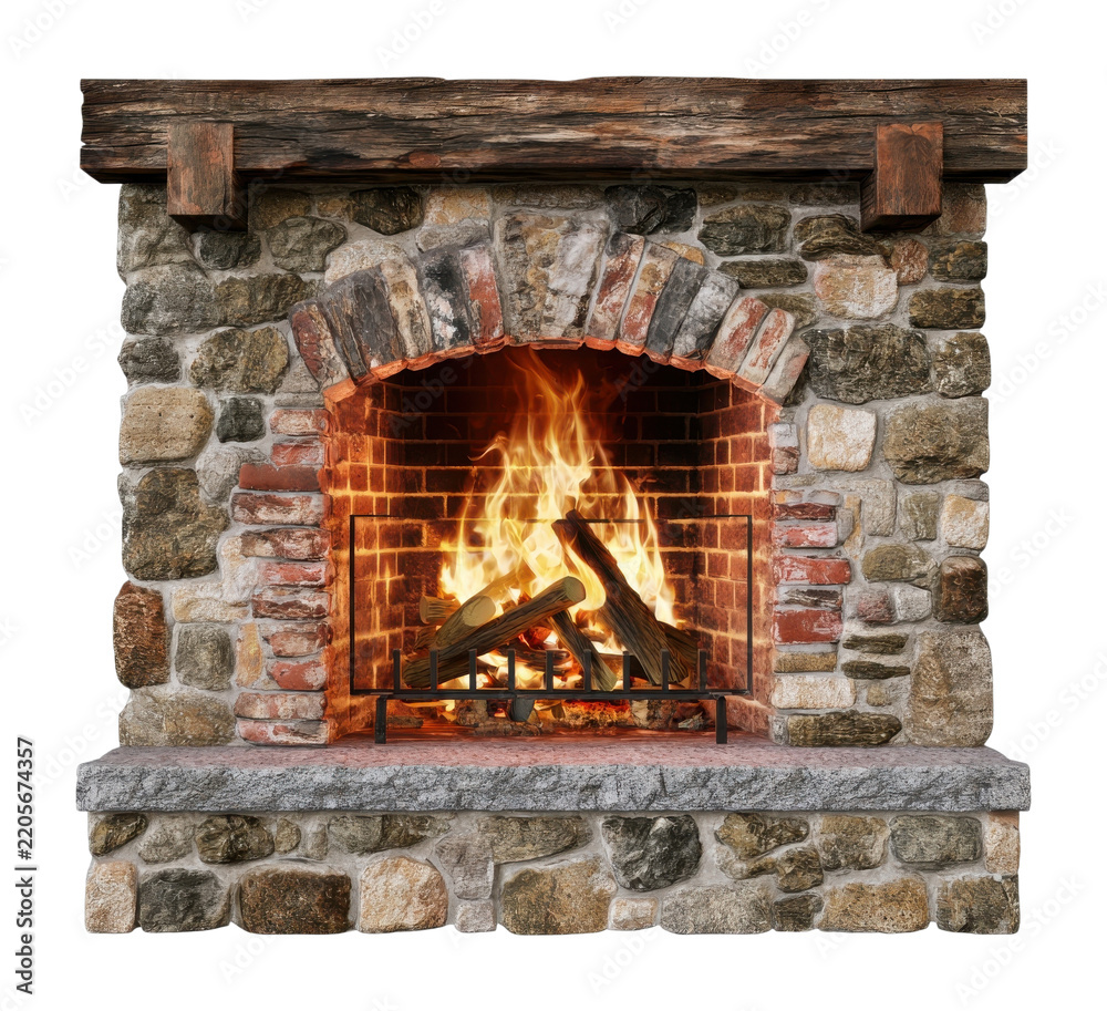 Fototapeta premium PNG Rustic stone fireplace with glowing fire, logs, and wooden mantel