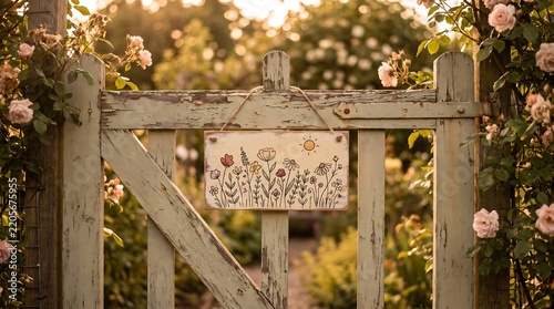 Rustic weathered wooden garden gate decorated with a hanging floral sign amidst blooming soft pink rose bushes bathed in warm golden hour sunset sunlight.