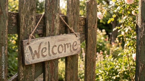 Weathered wooden Welcome sign hanging on a rustic picket fence gate surrounded by soft green foliage and blooming roses in a warm sunlit summer garden.