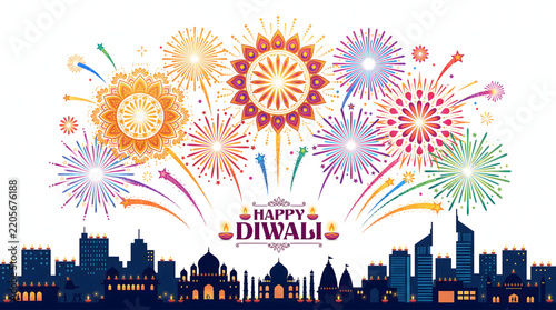Diwali festival fireworks display over a city skyline with Happy Diwali greeting text