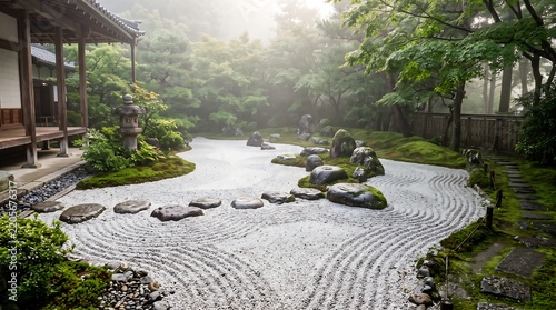 A serene Japanese Zen rock garden features raked gravel patterns, moss-covered boulders, and stepping stones adjacent to a traditional wooden temple veranda.