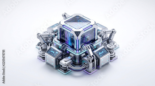 Complex robotic system with illuminated core and articulated arms stands on a white surface