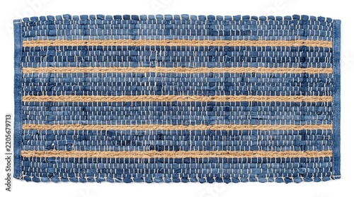 Blue Denim Rag Rug Texture with Cream Threads and Tan Woven Stripes Isolated on White Background