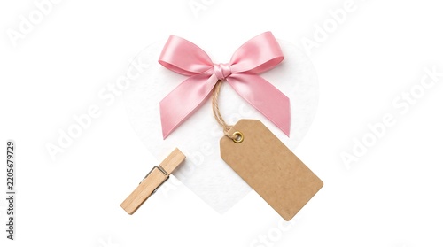 White Paper Heart with Pink Satin Ribbon Bow Blank Kraft Tag and Wooden Clothespin Isolated on White Background