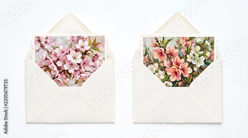 Two Open Paper Envelopes with Oil-Painted Blossom Cards Inside Isolated on White Background