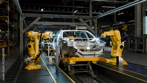 3D Illustration of Robotic Arms Welding Car Body Frame on Automated Automotive Assembly Line in Factory