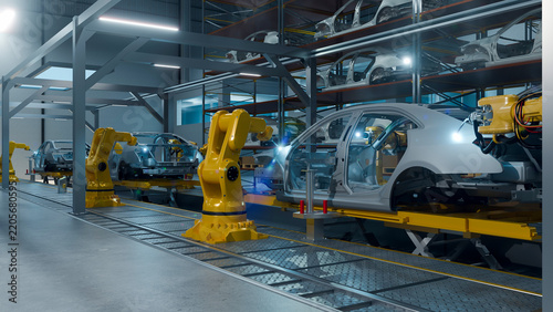 3D Illustration of Robotic Arms Assembling Car Bodies on Automated Automotive Production Line in Factory
