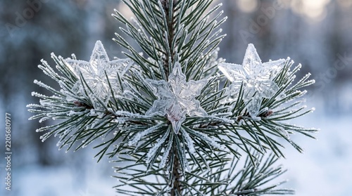 Snowy pine tree branches decorated with glowing glass star ornaments