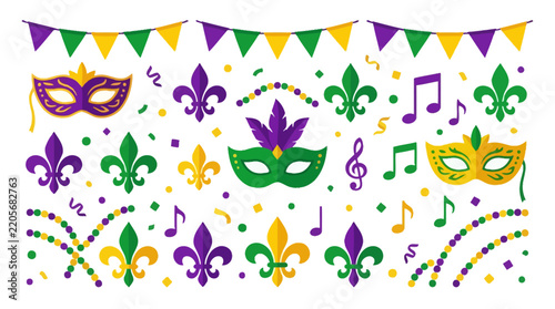 Fotografie Mardi Gras Celebration Elements Flat Vector Illustration Set