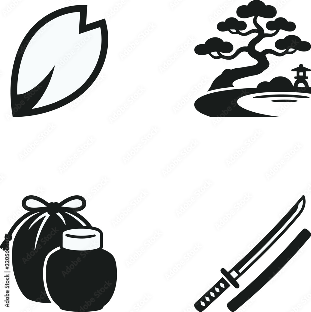 Fototapeta premium Set of four Japanese cultural icons including sakura petal, bonsai tree, tea caddy, and wakizashi sword, monochrome black flat design