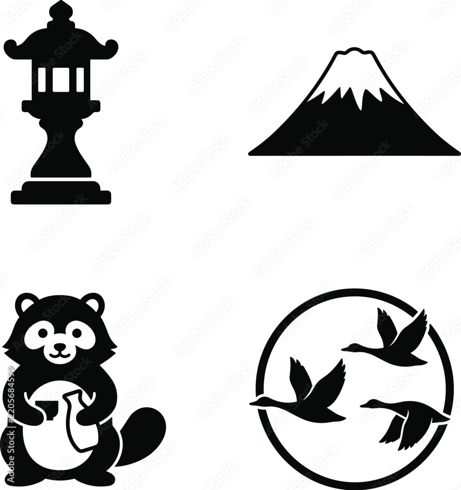 Fototapeta premium Set of four minimalist Japanese icons: stone lantern, snow-capped Mount Fuji outline, raccoon with sake bottle, and flying geese within circle, solid black flat coloring