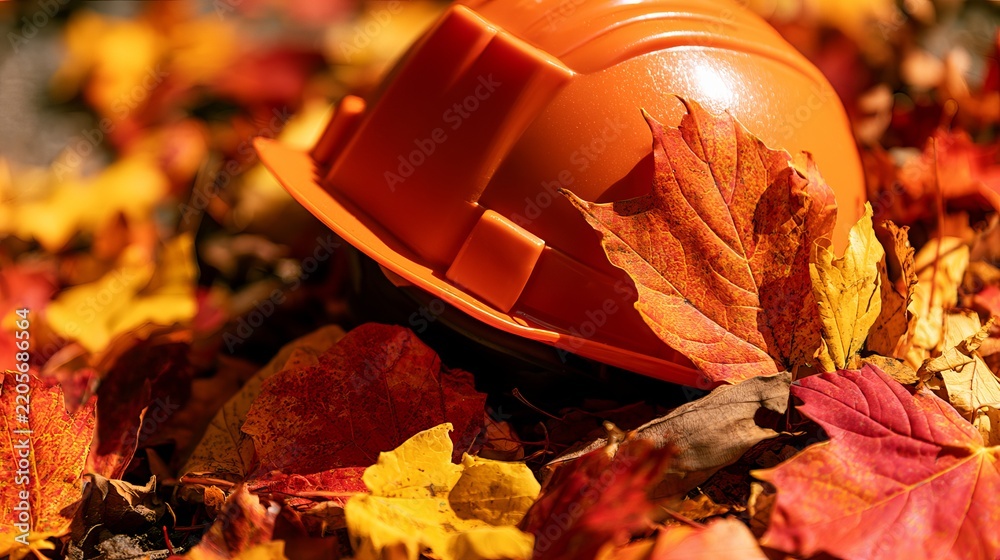 Fototapeta premium Bright orange construction helmet resting amidst autumn leaves, symbolizing transition, safety, and seasonal work changes