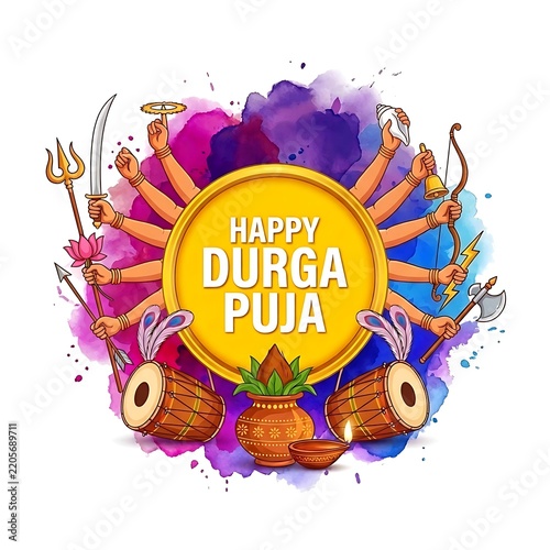 Happy durga puja festival background with weapons and drums