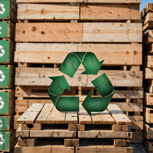 Recycling sign glowing in vibrant green texture positioned centrally amidst towering stacks of rustic wooden pallets.