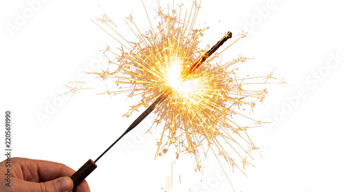 Fotografie Hand holding burning sparkler emitting bright sparks on white background