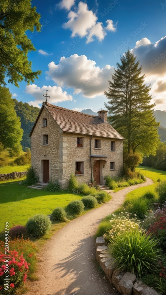 Obraz premium serene countryside landscape featuring a rustic stone house with a garden and trees
