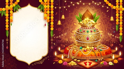 Dhanteras celebration background with golden kalash and frame