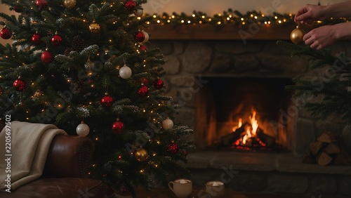 Hands placing a gold bauble on a pine tree branch near a warm stone fireplace during festive holiday preparations, created with generative ai.