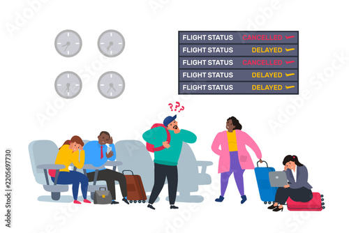 cancelled and delayed flights sad people with baggage in airport vector illustration