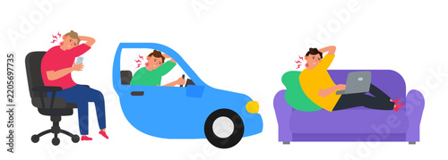 suffering neck pain man with phone laptop car driving uncomfortable posture set vector illustration
