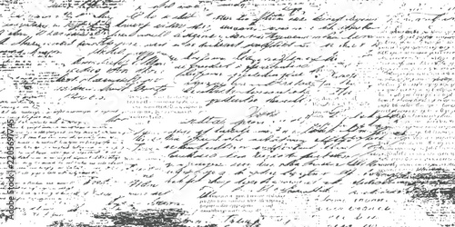 Abstract grunge background with unreadable cursive handwriting script and ink stains vector illustration.