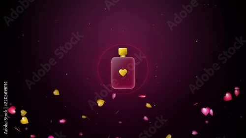 3D render of a perfume bottle icon with a heart symbol and floating heart particles for romantic gift and beauty marketing