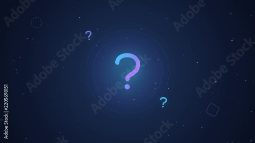 Animated question mark icon with digital interface elements and glowing gradient particles