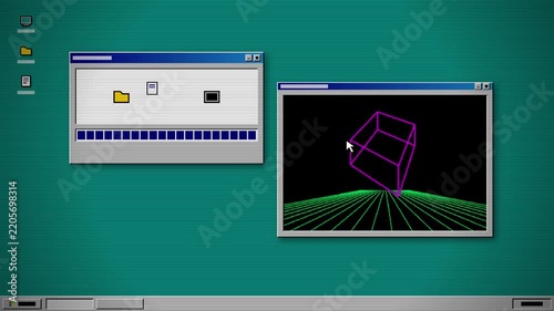 Retro computer desktop interface with vintage operating system windows and 3D wireframe animation