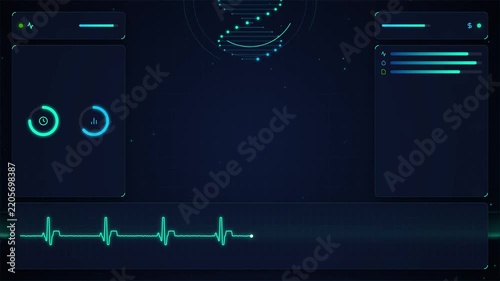 Medical digital interface with DNA helix animation and heartbeat monitor for healthcare data analysis