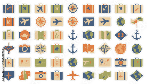 Travel and adventure icon sticker sheet featuring suitcases, airplanes, compasses, and maps.