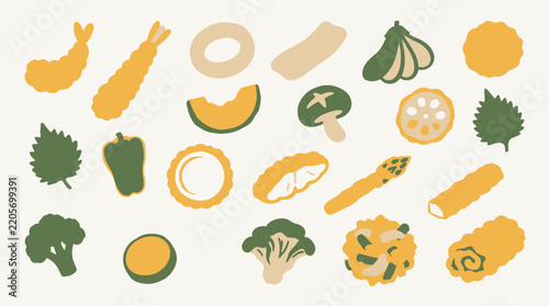 Assortment of Japanese Tempura and Vegetables in a Flat Design Style.