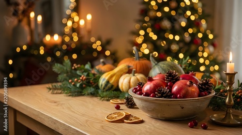 Warm and inviting christmas scene with a decorated tree and seasonal harvest display