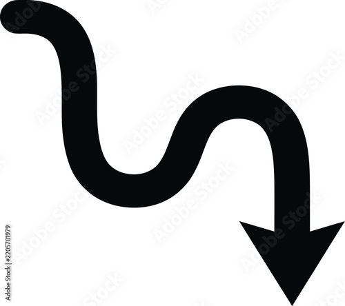 Simple black wavy arrow pointing downwards on a white background