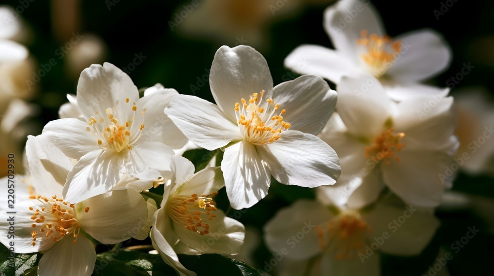 Fototapeta premium White jasmine blossoms with golden stamens bloom softly against a dark blurred background capturing delicate floral beauty in natural light