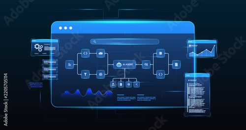 Futuristic AI workflow automation system dashboard with ai agent and data flow network interface, looped animation