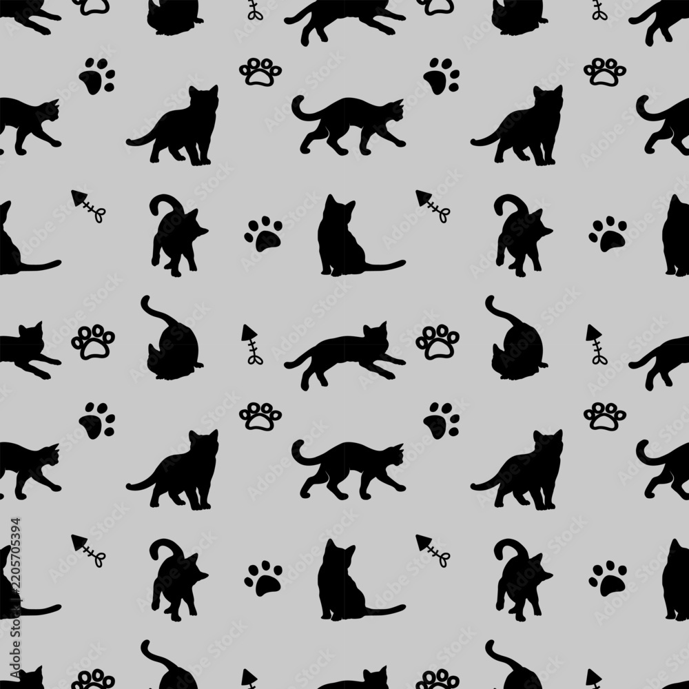 Obraz premium black cat silhouette pattern seamless with paw print and fishbone