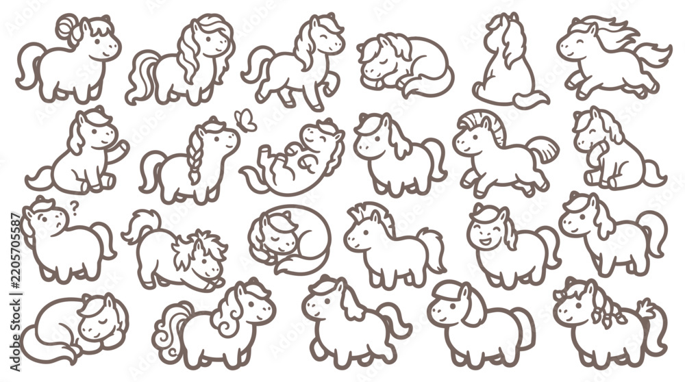Obraz premium Collection of Cute Doodle Ponies in Various Poses and Expressions.