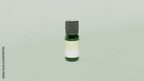 Green essential oil bottle on sage pastel background with sunlight