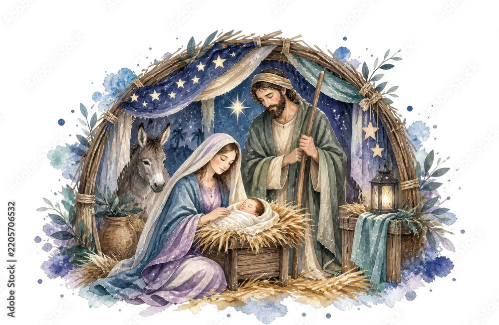 Obraz premium PNG Watercolor nativity scene with Holy Family, donkey, stars
