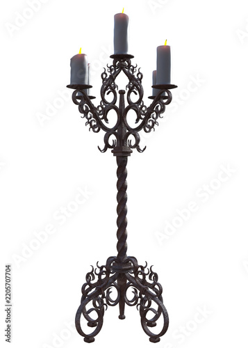 An intricate twisted metal candelabrum holding 5 white candles burning. 3D illustration on transparent background. 