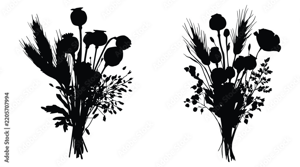Obraz premium Two black silhouette bouquets of wildflowers and wheat ears for rustic decorative design elements and country-style arrangements.