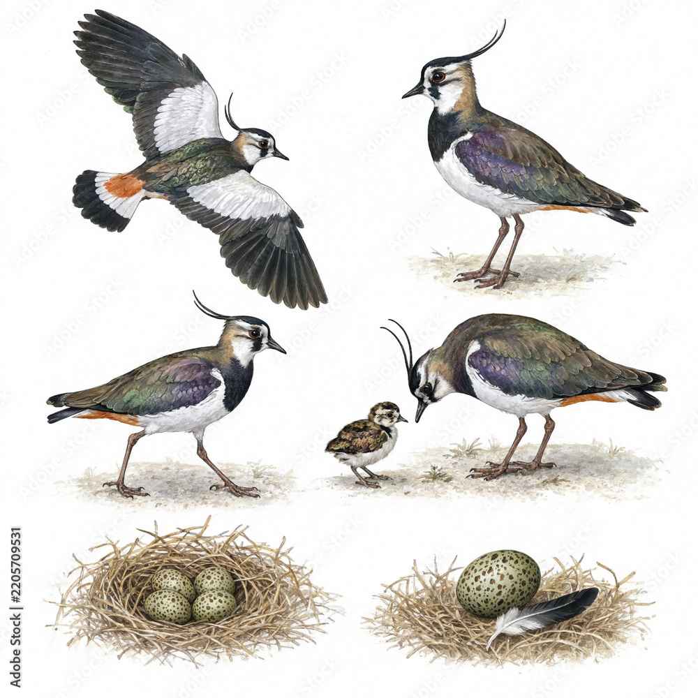 Obraz premium set of northern lapwing illustrations: in flight, standing, with chick, and nests with eggs