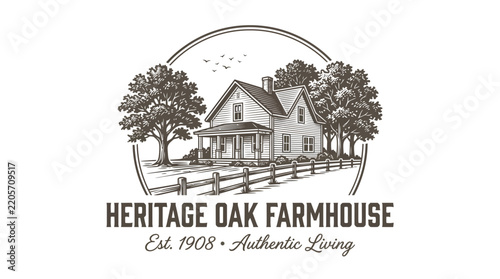 Vintage style logo featuring a farmhouse surrounded by oak trees.