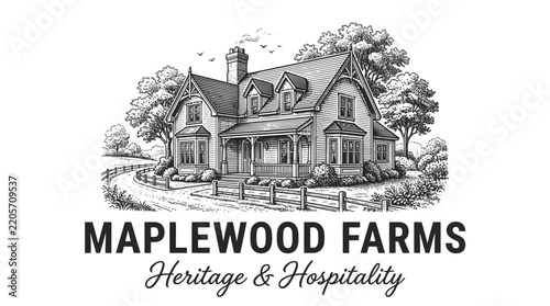 Vintage style logo featuring a detailed illustration of a farmhouse.